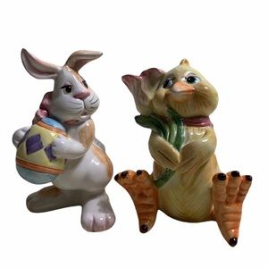 Fitz And Floyd Eggscapades Easter Bunny Chick Salt Pepper Shaker Set Vintage